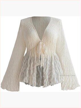Plus Size Mesh Bell Sleeve Top 70s Tie Front Paisley Boho Peplum Blouse